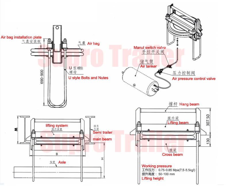 technical drawing of mechanical suspension jack up (lifting) system