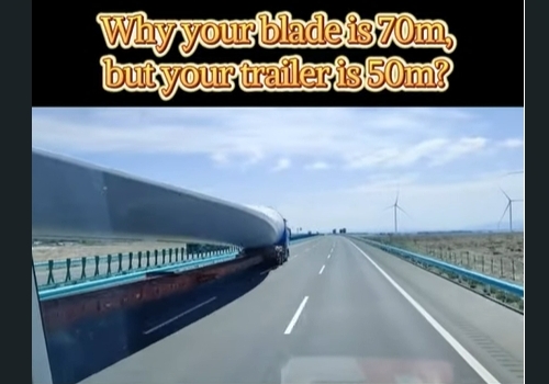 La vidéo vous expliquera pourquoi, pour une pale de 70 m de long, une remorque extensible de seulement 50 m suffit !