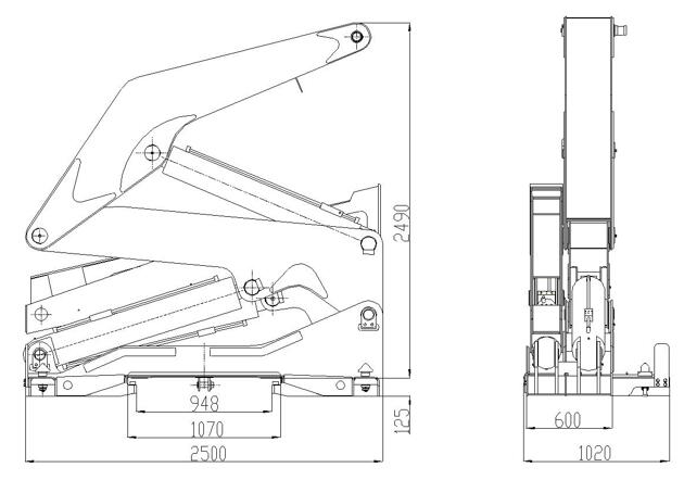 technology drawing of sidelifter container trailer