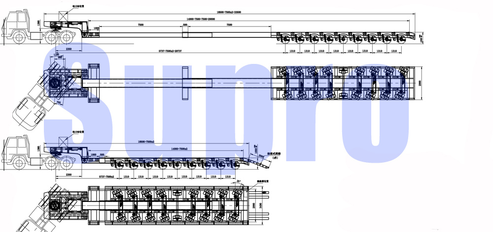 drawing of multi axles low bed trailer