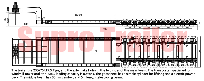 drawing of mechanical suspension windmill tower semi trailer