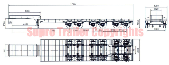 drawing of the 6 axles pneumatic steering low bed trailer
