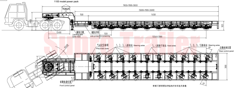 technical drawing of multi axles low bed trailer