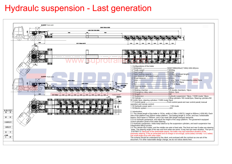 hydraulic suspension 9 axles low bed trailer