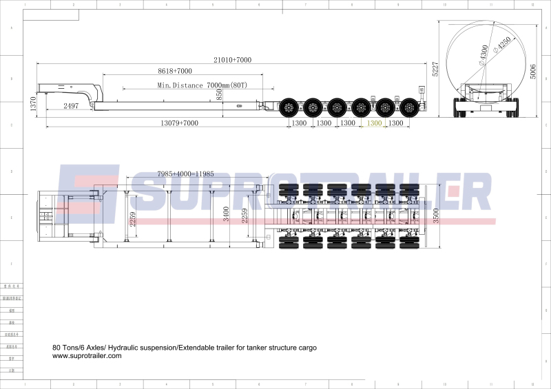 technicial drawing of the multi axles low bed trailer